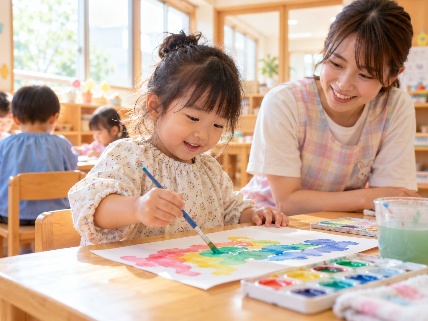 水彩絵の具で絵を描く子どもと見守る保育士