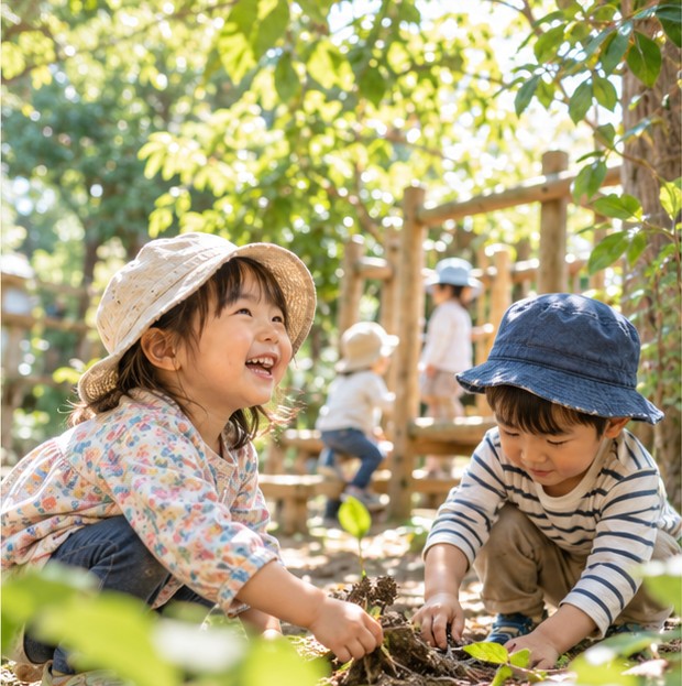 木漏れ日の園庭で土や植物に触れて遊ぶ子どもたち