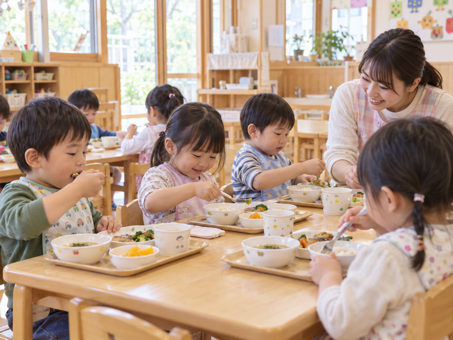 保育室で給食を楽しむ子どもたち
