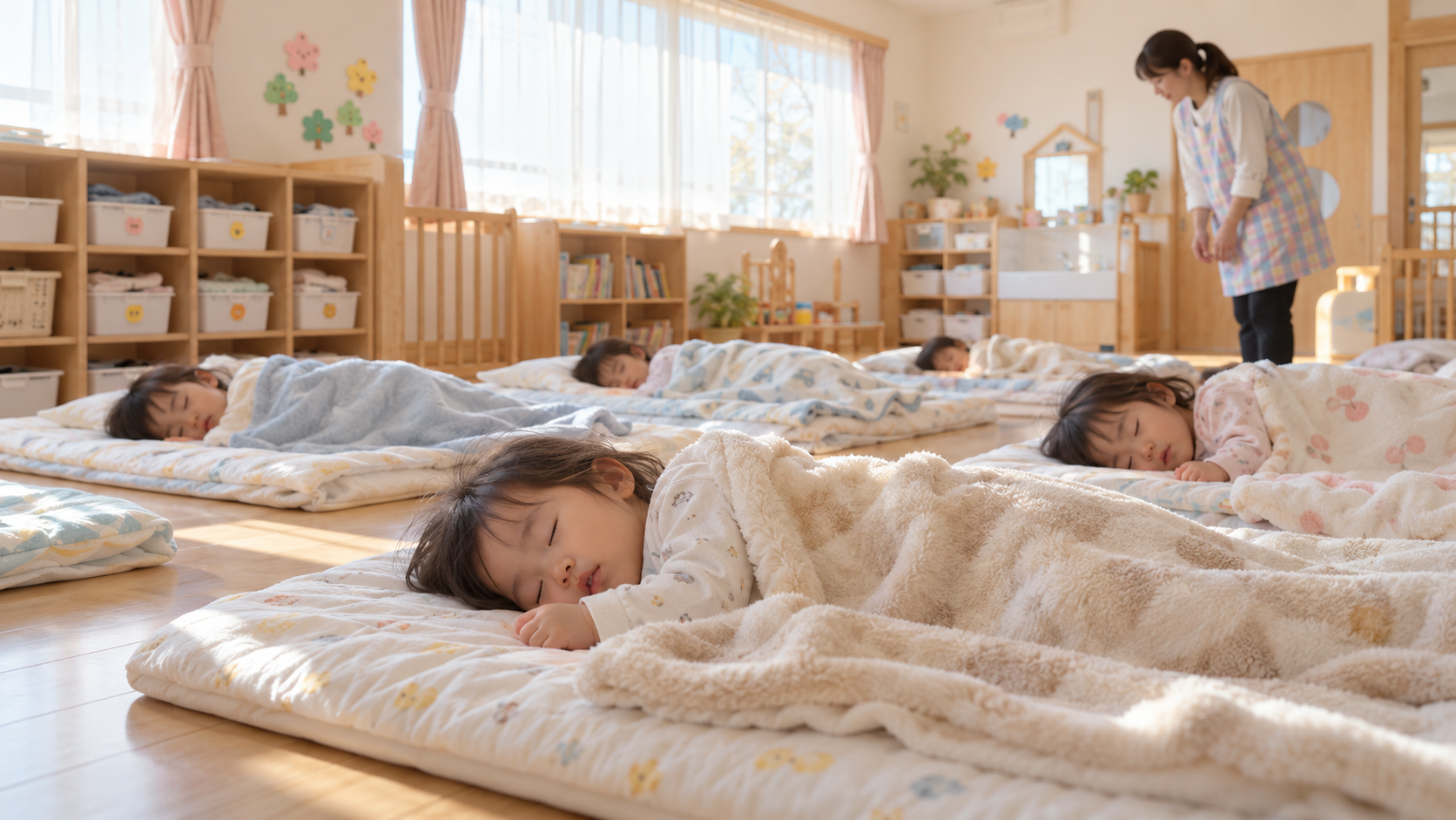 自然光が入る保育室で安全に午睡する子どもたち