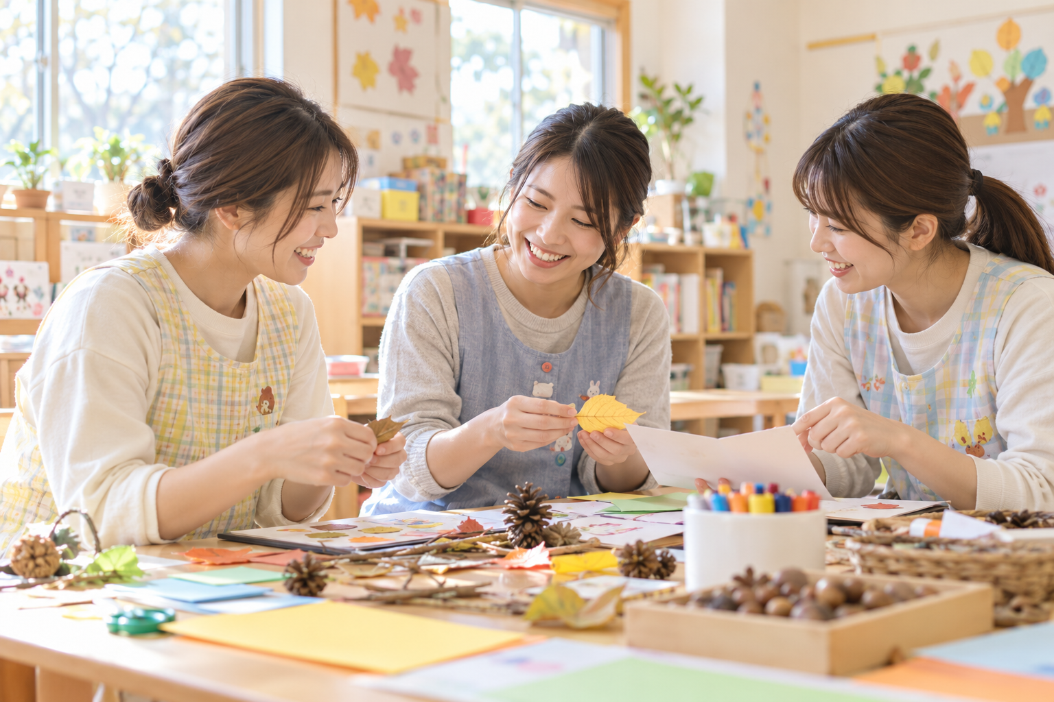 保育活動の準備を相談する保育士チーム