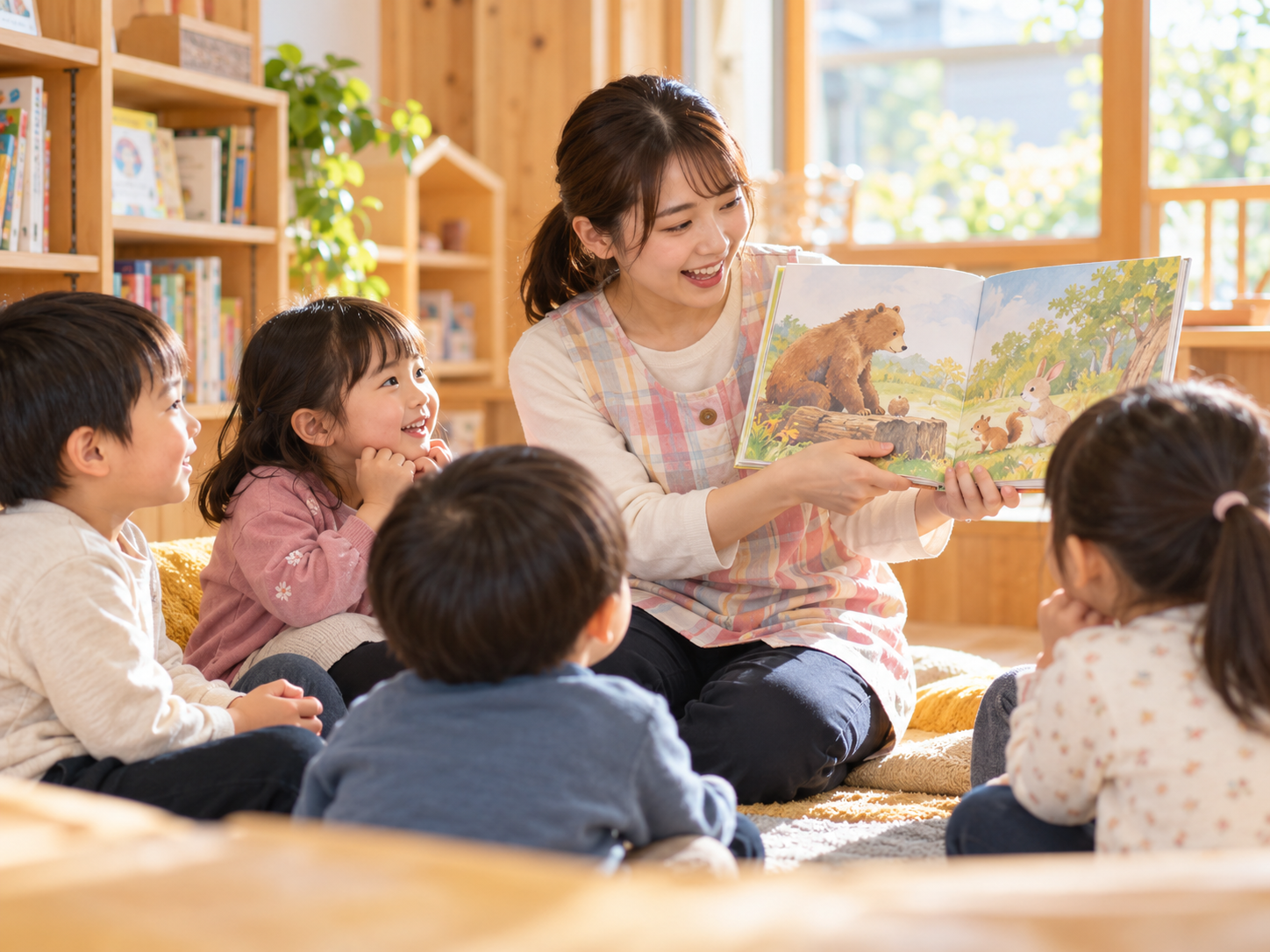 保育士の読み聞かせを楽しむ子どもたち